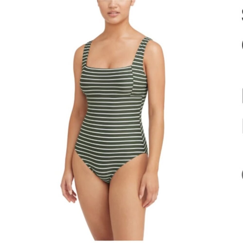 Sea Level Swim Australia One Piece Swimsuit 10 Green White Striped Square Neck